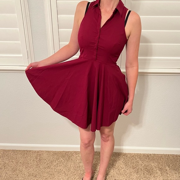Express Fit and Flare Sleeveless Collared Dress | Color: Burgundy - Picture 9 of 11